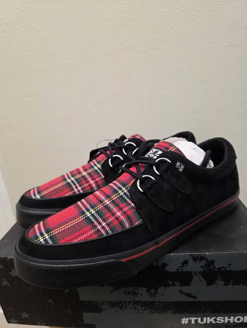 NWT T.U.K Black Faux Suede/Red Plaid Vegan Sneakers Shoes